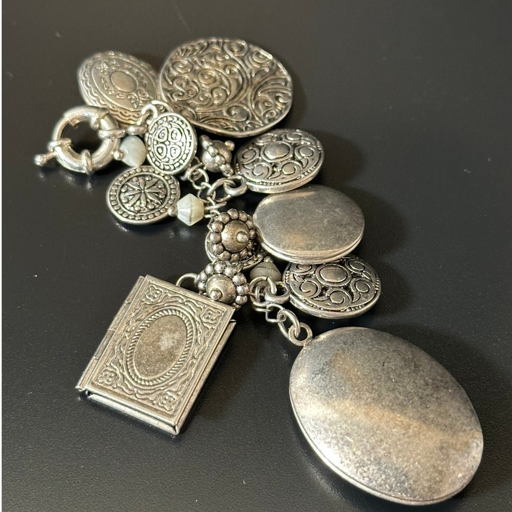 Brighton Vintage Silver Tone Multi Charm Locket Pendant Cluster Book Oval